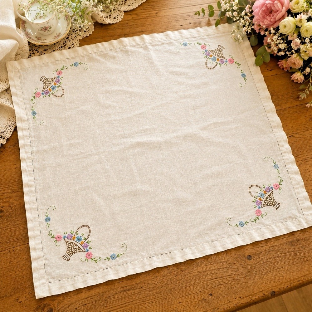 Vintage Hand Embroidered Linen Tablecloth Floral Baskets Cottagecore 30x30